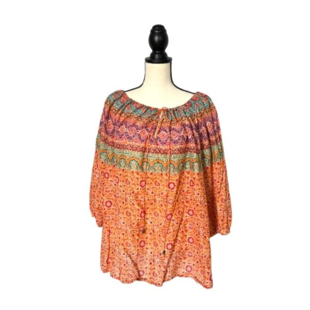 Lauren Ralph Lauren Boho Peasant Blouse Plus Size 3X Orange Green Cotton